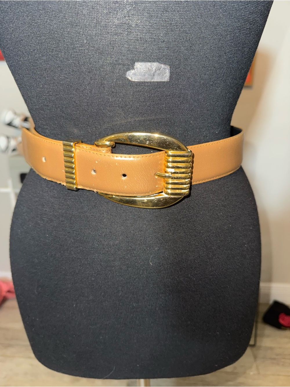 Wide Tan Genuine Leather Womens Fashion Belt with Gold Buckle